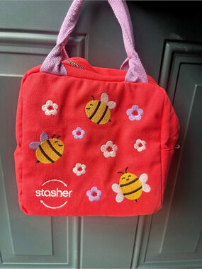 Stasher Bee Print Tote in Red & Purple Like New